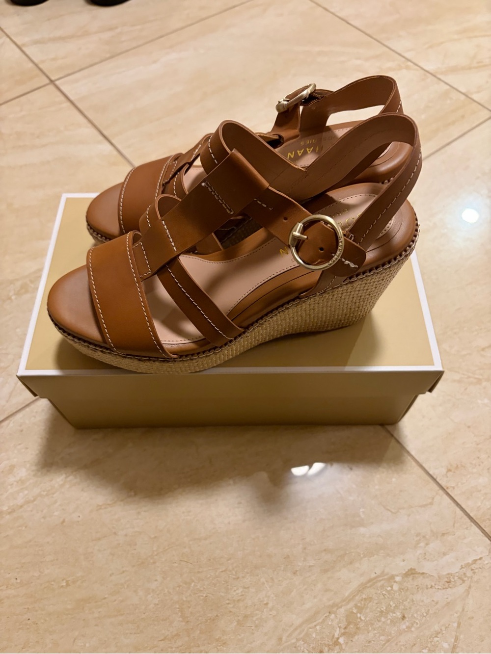 Cole Haan Cognac Leather Espadrille Wedge Sandals with Gold Buckle